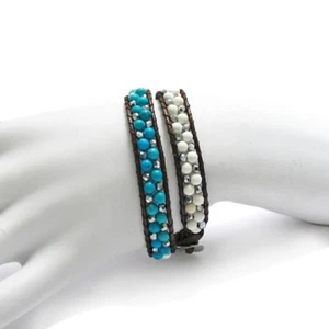 Adjustable Leather and Turquoise & Hematite Beads Wrap Bracelet - Picture 1 of 2