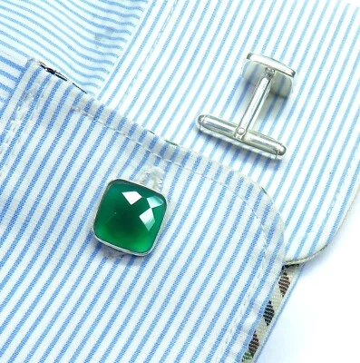 Gemelos de calcedonia verde, gemelos de plata, gemelos de padrino de boda Foto 1 de 3