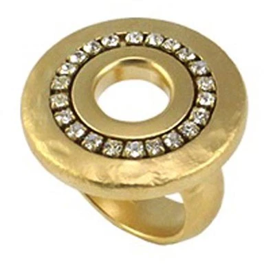 Designer Yellow Gold 24K Plated Round Hole Disc Ring&Clear Crystals Stones Sz 7  — 第 1/4 张图片