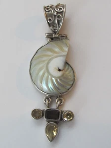 Large 2.75" Sterling Silver 925 Nautilus Shell Pendant Peridot Smoky Quartz A6 - Picture 1 of 6