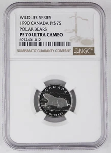 Canada 1990 $75 1/4 Oz Platinum Proof Coin NGC PF70 UC Wildlife - Polar Bears - Picture 1 of 4