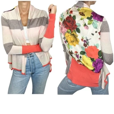 Cárdigan abierto Ted Baker beige mezclado a rayas tejido ligero floral satinado S Foto 1 de 4