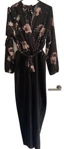 Damen Overall Schwarz mit transparentem Blumenoberteil in Wickeloptik Gr. L - Bild 1 von 15