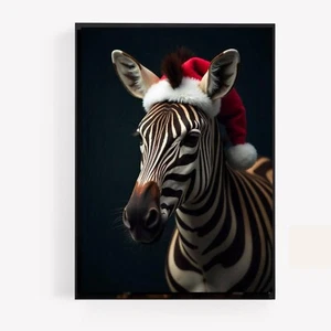 zebra Print christmas Picture poster A4 UNFRAMED Santa Hat Decor 1 - Picture 1 of 1