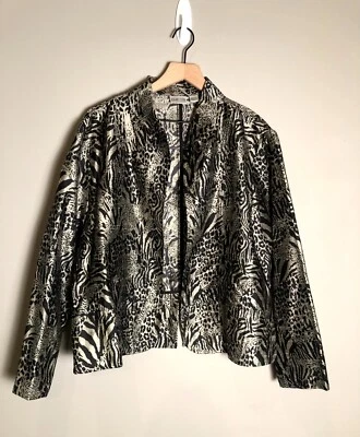 Chaqueta Jungla Chico's Mujer Negra Plateada Seda Frente Abierto Estampado Animal Talla XL Foto 1 de 4