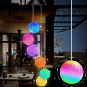 Dimmable Solar Wind Chimes Hanging Crystal Ball New LED Light Outdoor - Picture 1 of 5
