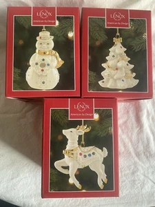 Lenox Lot: 3 Christmas Porcelain  Ornaments: Reindeer-Christmas Tree-Snowman NIB - Picture 1 of 13