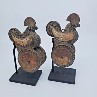Pair of Antique Chicken Motif Burmese / Burma Wooden Loom Pulleys 4.5" - Image 1 of 4