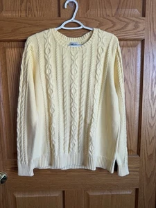 LL Bean Pullover Damen XL Baumwolle Fischer Zopfmuster Buttergelb Wochenende - Bild 1 von 7