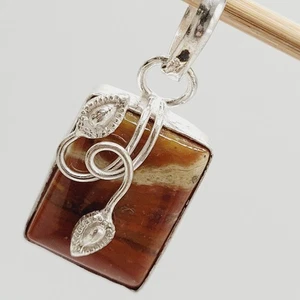 Picture Jasper with Leaf Accent Overlay Brown Hues Sterling Silver Pendant Charm - Picture 1 of 19