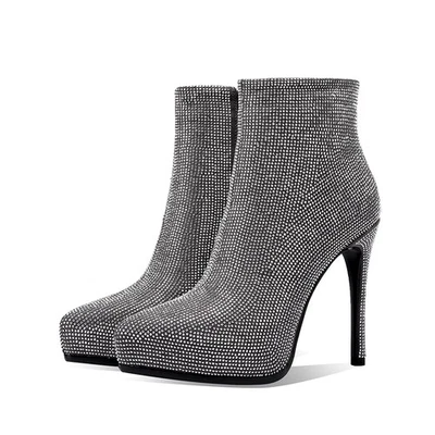 Botines de cuero gamuza real con estrás de tacón de aguja de 12 cm de alto para mujer con cremallera Foto 1 de 4