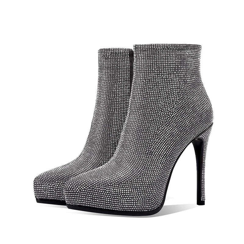 Botines de cuero gamuza real con estrás de tacón de aguja de 12 cm de alto para mujer con cremallera Foto 1 de 4