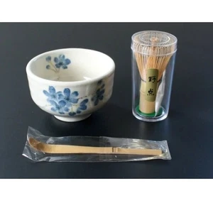 Mino ware Japanese Tea Ceremony 3-Piece Set Tea Bowl Whisk Scoop Sakura Blue - Picture 1 of 5