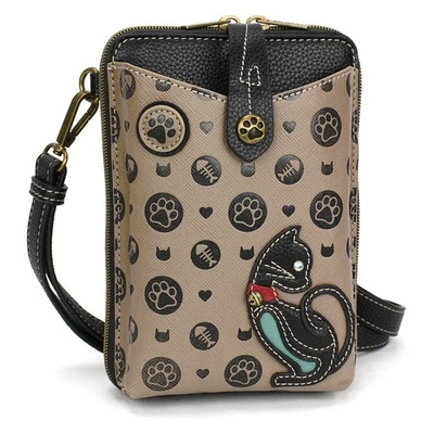 NEW CHALA GRAY BLACK CAT KITTEN PAW SNAP CELLPHONE CROSSBODY PURSE RFID PROTECT - Image 1 of 4