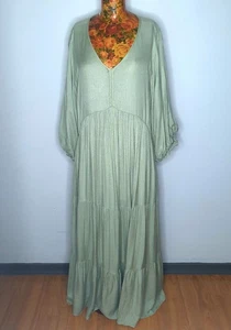 ESCAPE BY OQ - Size 12 sage green V-neck puff sleeve maxi dress boho hippie - Picture 1 of 7