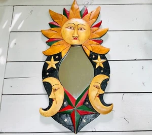 Vintage Sun & Moon Celestial Wooden Mirror with Stars Handpainted 23" Wood - Picture 1 of 14