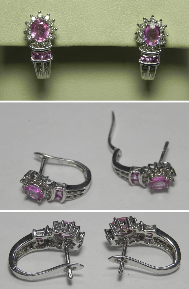 Pendientes V504 Estate de oro blanco sólido de 14 quilates con topacio rosa y halo de diamantes con palanca trasera Foto 1 de 1