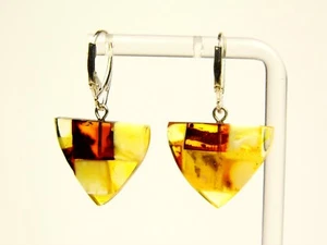 Baltic Amber Mosaic Dangle Drop Earrings Multicolor Natural Stone Genuine 6518 - Picture 1 of 7