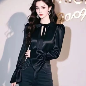 2025 new French Women Chic Flared Sleeve Bow Black Hollow Satin Shirt Top - Picture 1 of 6