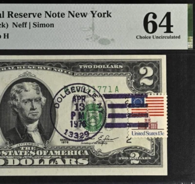 1976 $2 Federal Reserve Note PMG 64 First Day Stamp Dolgeville, New York 0311771 - Image 1 of 3