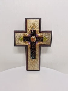 Vintage Veronica Sandoval SIGNIERTE Metallkunst auf rotem Holzkreuz Wand christlich 7"x10" - Bild 1 von 10