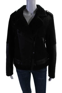 Blank NYC Womens Black Vegan Leather Faux Shearling Long Sleeve Coat Size L - Picture 1 of 6