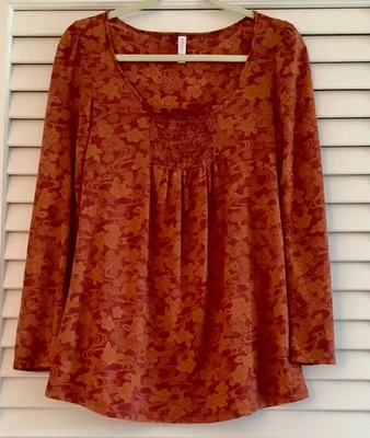 Women's Xhilaration (L) Smocked Round Neckline Top Tunic Orange/Rust Floral - Image 1 of 4