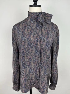 Vintage 80s Paisley Blouse High Neck Pussy Bow Puff Sleeve Secretary Boho M / L - Imagen 1 de 13