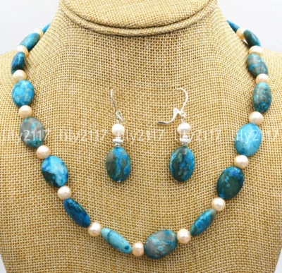 Juego de aretes collar perlas de agua dulce gemas ágata encaje loco azul 13x18 mm 7-8 mm Foto 1 de 4