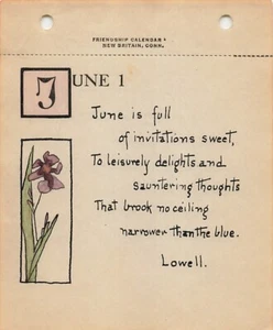 1926 Janet Robinson Calendar Page June 1 Iris Flower Art Lowell Quote Antique - Picture 1 of 3