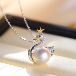 AAAA 9-10mm Swan Exquisite natural south sea white bread pearl Pendant S925 - Picture 1 of 5