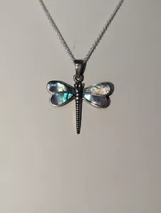 Vintage Abalone Shell Dragonfly Pendant Sterling Silver 925 Insect Bug & Chain - Picture 1 of 10