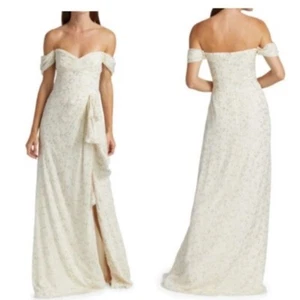 ML Monique Lhuillier Dress 14 Ivory Gold Dot Chiffon Long Off Shoulder - Picture 1 of 5