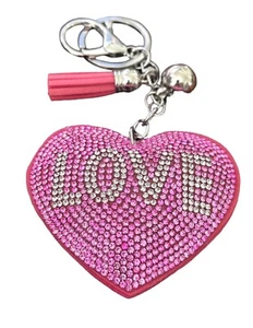 Key Ring-Bag Charm- HEART- love- pink white- rhinestones-tassel -split hook - Picture 1 of 2
