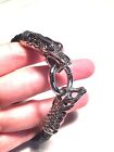 Mens Silver Stainless Steel Gothic Black Leather Dragon Bracelet
