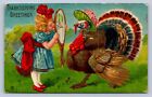 J87/ Thanksgiving Holiday Postcard c1910 Pretty Girl Turkey Mirror 501