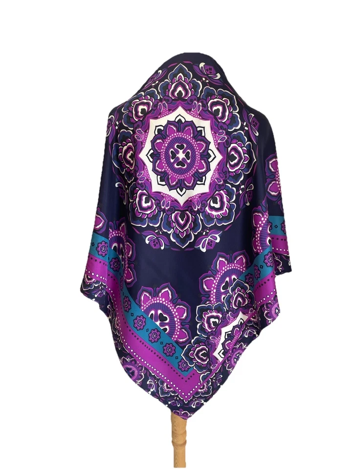 Adrienne Landau Studio 100% Silk Scarf Purple Navy Mandala Print Square #A6 - Image 1 of 4