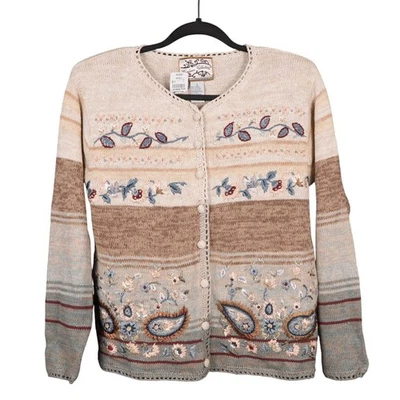 Cardigã suéter anos 90 feminino MomCore bege paisley floral boho cottagecore indie - Imagem 1 de 4