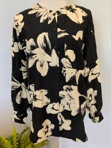 Vintage ANNE KLEIN II Womens Size 8 Black Silk Floral Button Up Long Sleeve Top - Picture 1 of 5