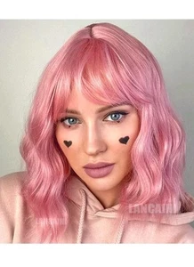 Pastel Pink Bob Wigs with Bangs Women Loose Wavy Wig Pastel Wavy Shoulder 18 - Picture 1 of 4