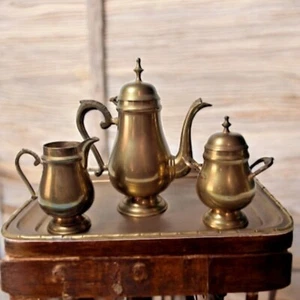 Solid Brass Tea Set Teapot Sugar Creamer W/ 15.5" x 12" Tray Bamboo Design India - Picture 1 of 22