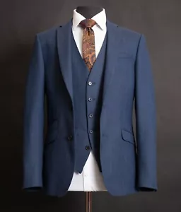 Mens Tom Percy Blue Herringbone Tweed Three Piece Suit RRP £329.99 - Picture 1 of 14