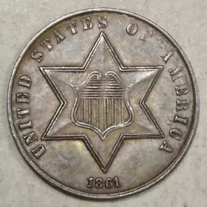 1861 Three Cent Silver, Almost Uncirculated+, Popular Civil War Era Date -04 - Picture 1 of 3