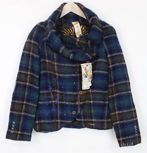 DESIGUAL Women Jacket 38 Blue Green Checked Embroidered Lined Wool Blend - Picture 1 of 11