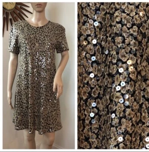 Vtg 90s Black Brown Floral Sequin A-line Short Sleeve Dress S 6 - Picture 1 of 4