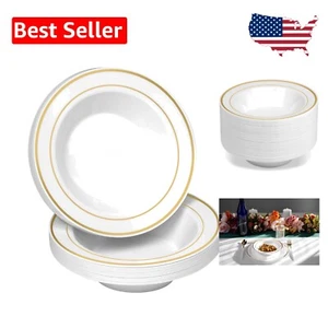 Premium Quality 14 Oz Plastic Soup Bowls - 100 Disposable Bowls with Gold Rim - Picture 1 of 8