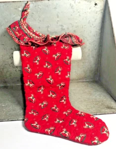Vintage 16” Red & White Quilted Christmas Stocking w Rocking Horses & Santa Frin - Picture 1 of 9