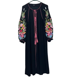 Andree by Unit Chaqueta Plumero Negra Bata Flor de Cactus Bordado Corbata Borlas M - Imagen 1 de 14