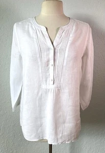 Talbots White 100% Linen Tunic Shirt Medium 3/4 Sleeves Pin Tucks Front & Back - Picture 1 of 16