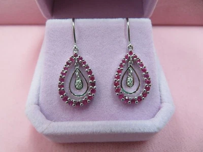 14k Solid White Gold French Wire Ruby Diamond Dangle Earrings 3.82 G (#398) - Image 1 of 4